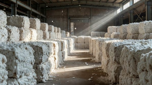 Baled raw cotton stacked in a warehouse with a loading bay visible in the background