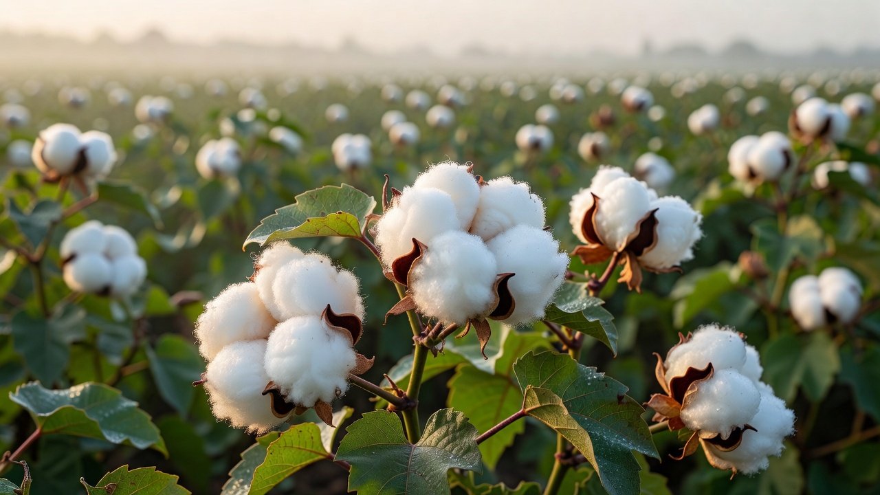 Open cotton bolls on the plant in a field at harvest under soft morning light