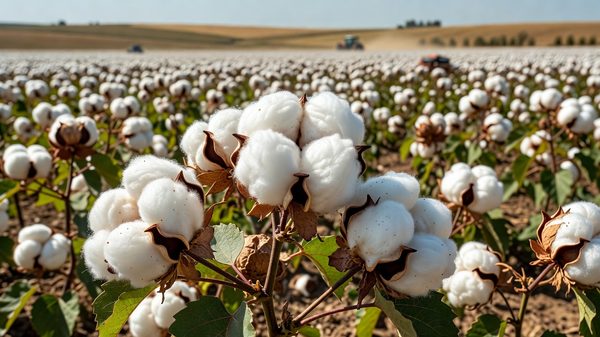 Cotton bolls in agricultural field under bright sunlight representing global fiber supply