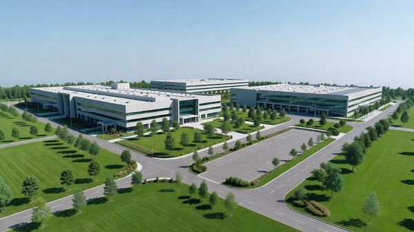Aerial view of a modern industrial textile complex with large factory sheds and internal roads