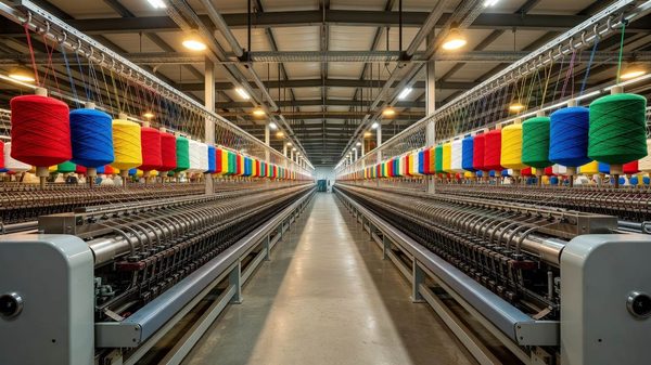 Cotton bales stacked inside a textile warehouse ready for shipping