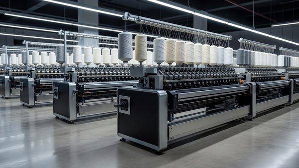Textile factory floor with industrial spinning equipment and yarn cones